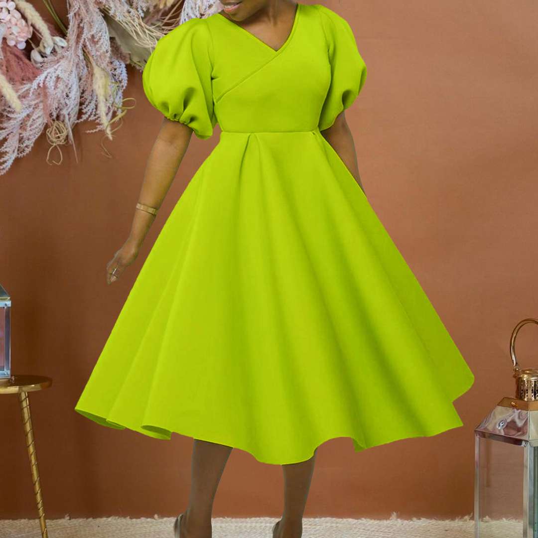 D362独立站 亚马逊女装2023新款时尚V领泡泡袖大码礼服非洲连衣裙