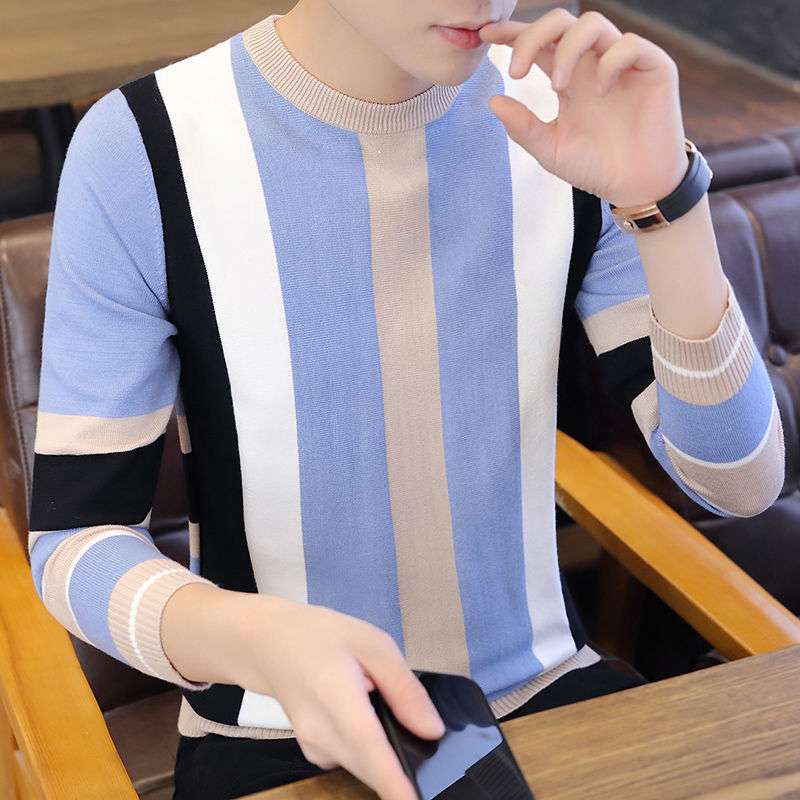 新款男士套头毛衣针织衫条纹韩版潮流秋冬季薄款长袖上衣打底衫
