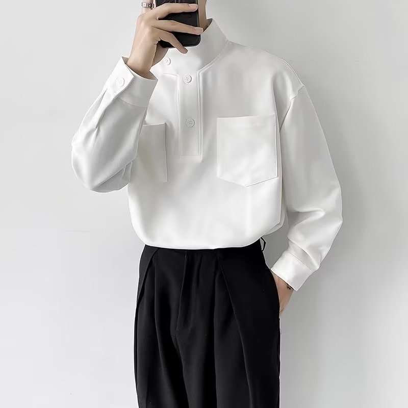 高领工装长袖衬衫男士春秋季潮流白色衬衣男上衣服2023年新款百搭