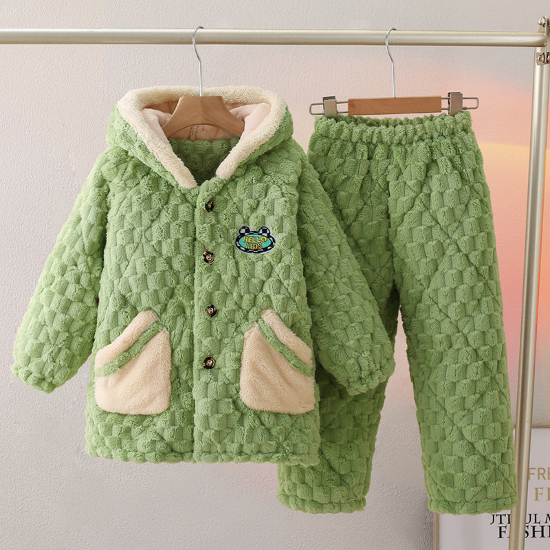 冬季儿童睡衣法兰绒男童女童加绒加厚中长款珊瑚绒男孩宝宝家居服