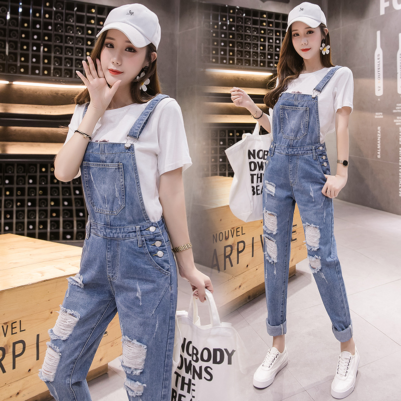 网红减龄破洞牛仔背带裤女森女vintage2019秋季九分小个子连体裤10月29日最新优惠