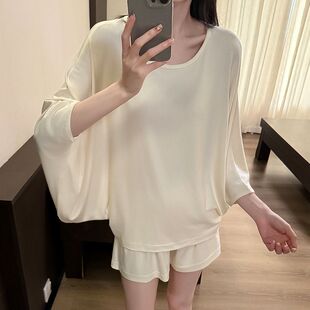 薄款 宽松休闲家居服套装 人棉七分袖 睡衣女简约纯色蝙蝠袖 短裤 夏季