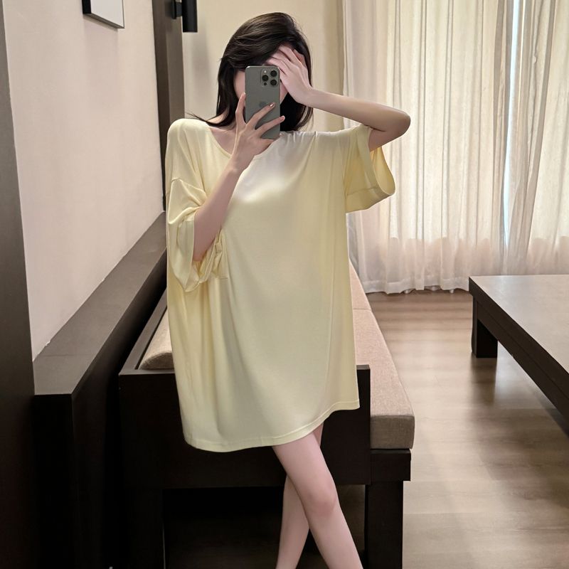 夏季薄款人棉短袖睡裙女慵懒风宽松简约纯色甜美少女睡衣连衣裙