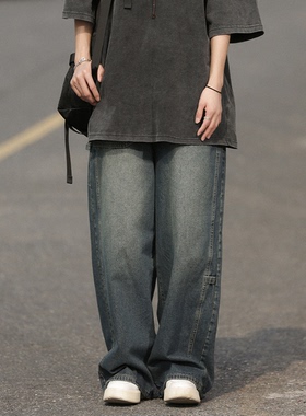 弎狸TIP 日系复古水洗做旧直筒工装牛仔裤男女宽松百搭休闲长裤潮