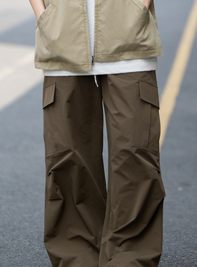 弎狸TIP 日系复古口袋抽绳褶皱设计感工装裤男户外宽松直筒休闲裤