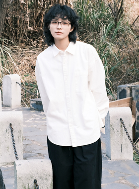 弎狸 TIP  日系新品中性纯白色学生男女上衣情侣长袖衬衣宽松衬衫