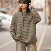 弎狸TIP日系复古廓形条纹宽松长袖 T恤男女休闲叠穿内搭打底套头潮