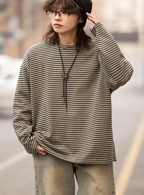 弎狸TIP日系复古廓形条纹宽松长袖T恤男女休闲叠穿内搭打底套头潮