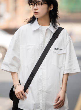 弎狸TIP 日系口袋设计刺绣白色衬衫短袖男女通勤宽松百搭休闲衬衣