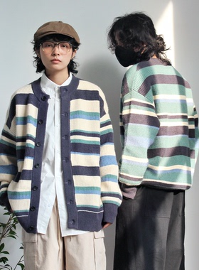 弎狸 TIP  日系慵懒风条纹开衫毛衣男女休闲撞色小众情侣针织衫潮