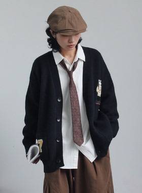 弎狸 TIP  秋开衫小熊刺绣毛衣男女学院慵懒风学生情侣针织衫外套