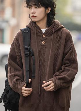 弎狸TIP 日系复古纯色连帽毛衣男女宽松休闲针织衫外套情侣上衣潮