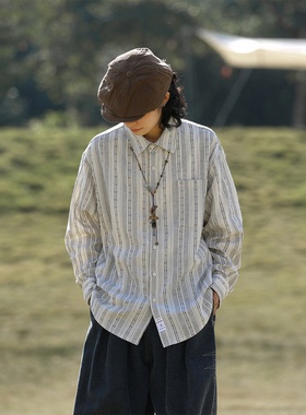 弎狸 TIP  日系复古简约条纹长袖衬衫男女古着棉麻百搭内搭衬衣潮