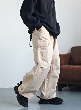 弎狸 TIP  日系复古多口袋工装裤男女纯色中腰美式宽松拖地休闲裤