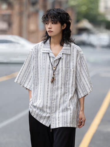 弎狸TIP日系复古条纹半袖衬衫古巴领cityboy潮宽松棉麻情侣衬衣