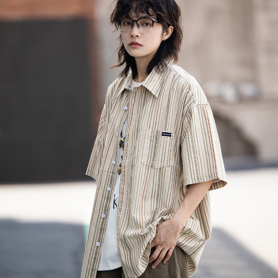 日系复古条纹短袖衬衫男女情侣