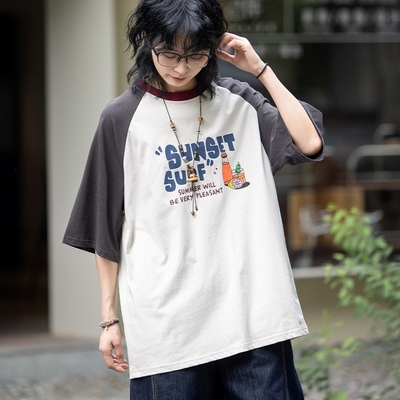 美式休闲户外撞色插肩袖短袖T恤