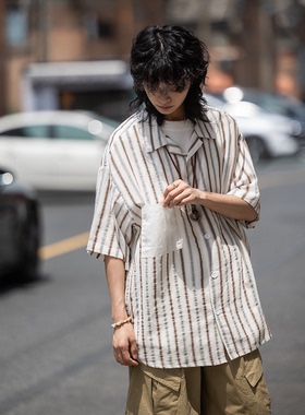 弎狸 TIP  日系复古短袖衬衫女森系宽松条纹上衣港风古着小众衬衣