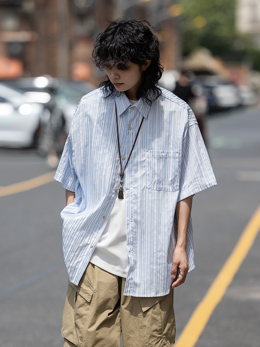 弎狸TIP日系复古廓形短袖衬衫男女条纹夏季工装cityboy半袖衬衣