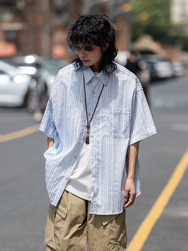 弎狸TIP日系复古廓形短袖衬衫男女条纹夏季工装cityboy半袖衬衣