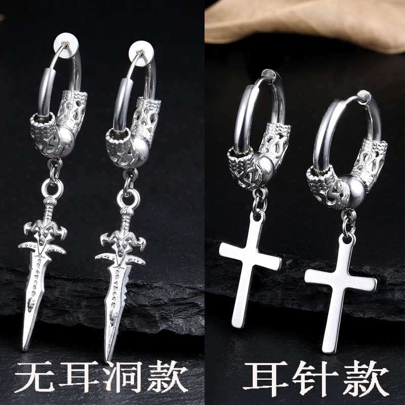 长款十字架钛钢耳环男士耳夹无孔