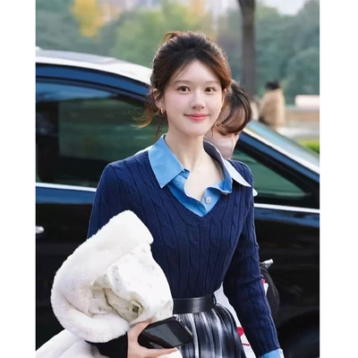 乐福佬仁女装 美式经碘纽花 V领针织衫we shi today D