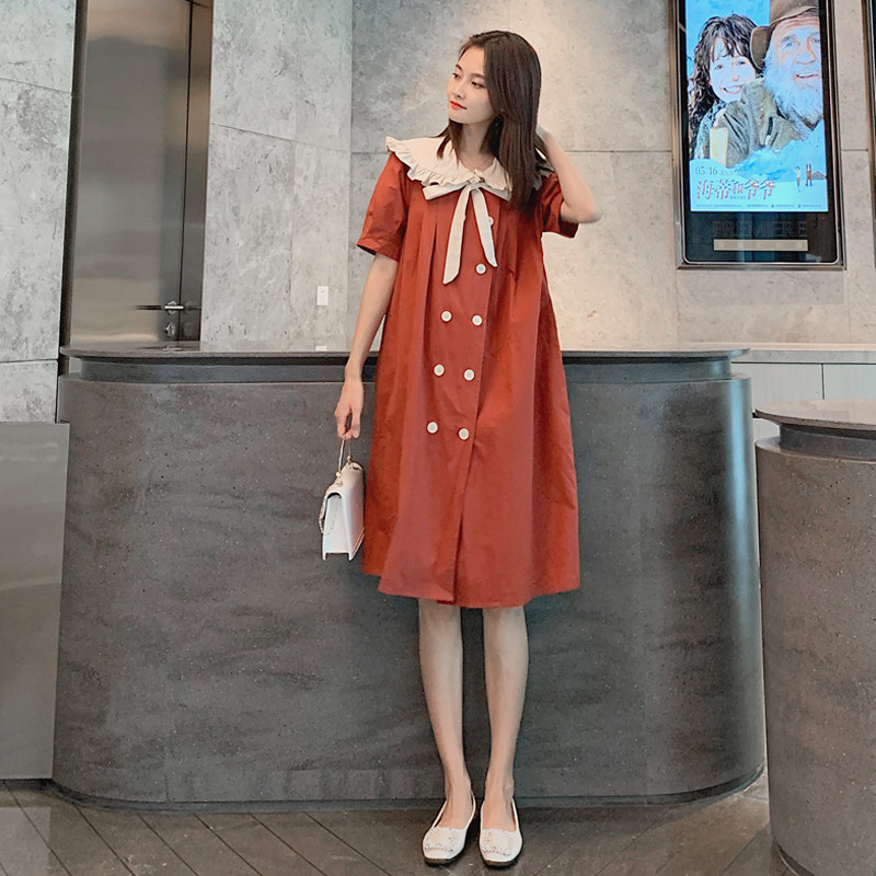 孕妇夏装连衣裙娃娃领中长款宽松时尚洋气哺乳个性辣妈夏天裙子潮