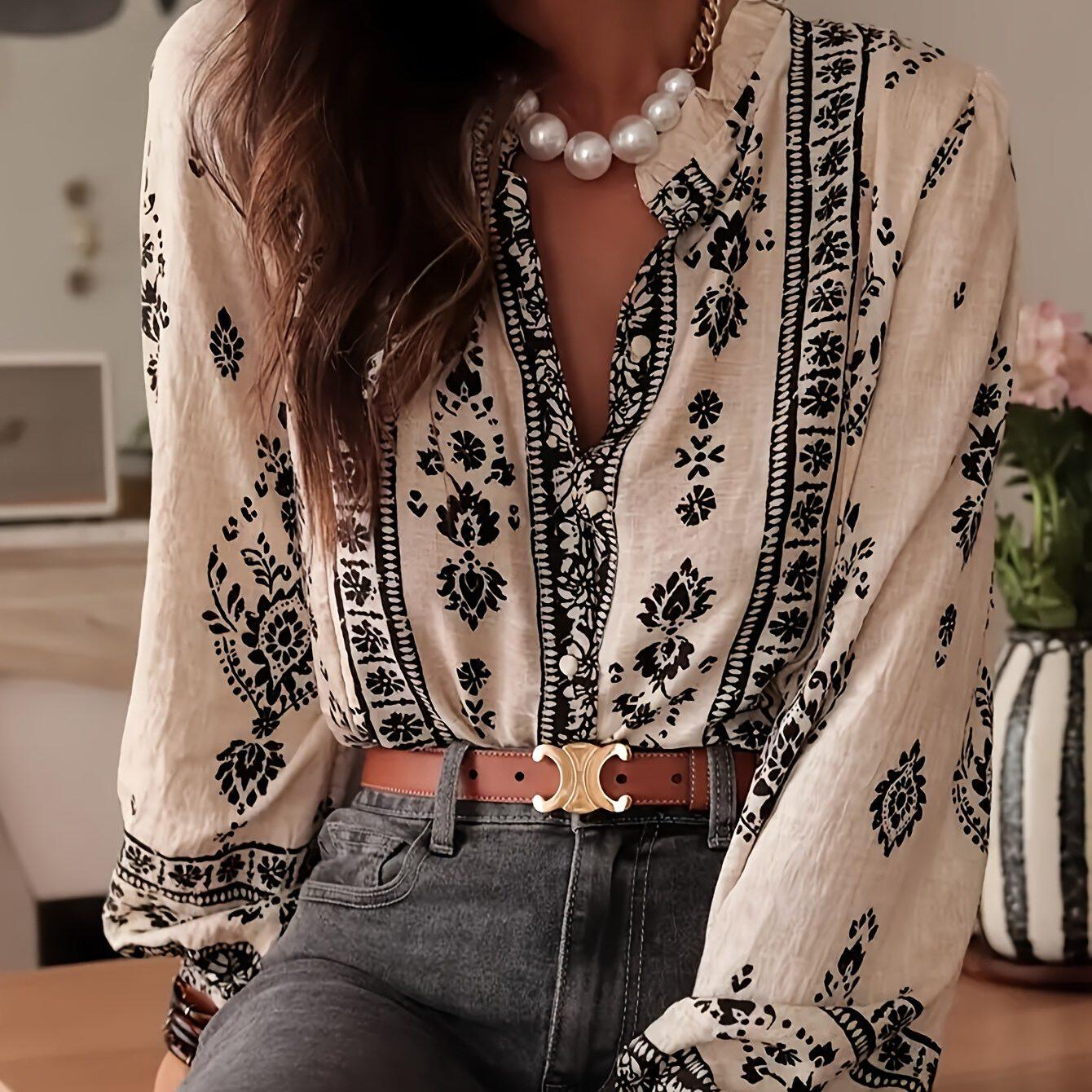 long-sleeved shirt秋季欧美新款女装气质优雅长袖印花衬衫