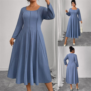 ladies women size 胖mm收腰连衣裙 女装 方领大码 dresses大码 Plus