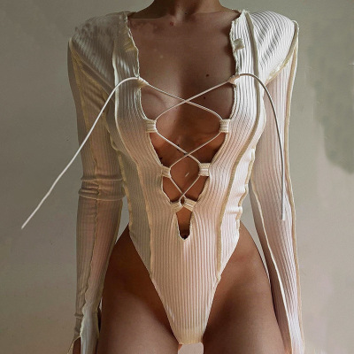 Knitted Long Sleeve Tie Up Sexy Bodysuit Bandage Patchwork
