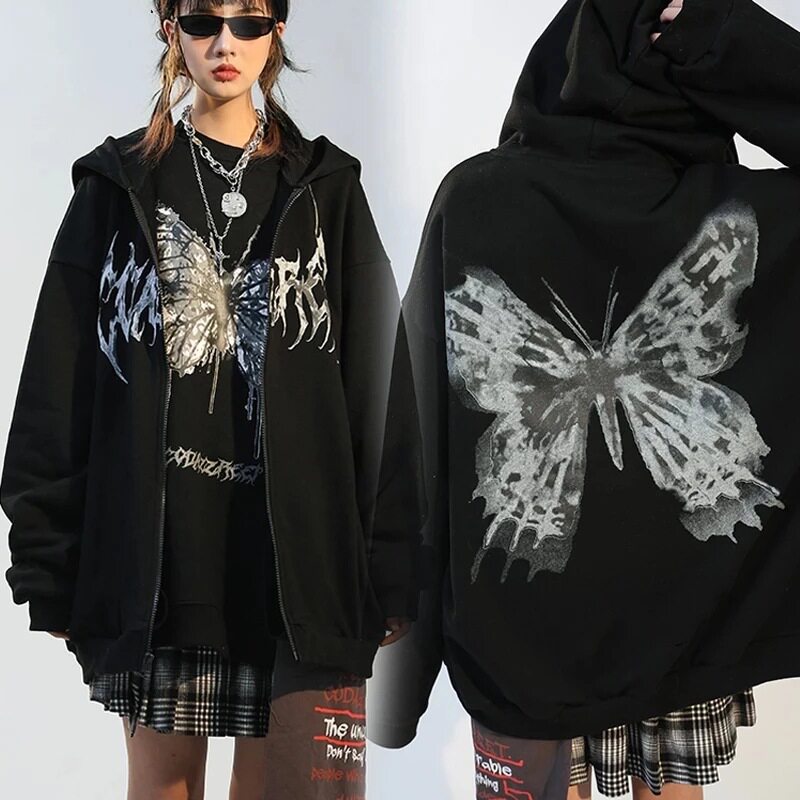 欧美风秋冬新款连帽蝴蝶印花加绒开衫宽松黑色长袖卫衣外套hoodie