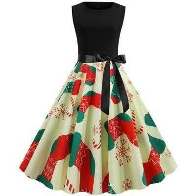 H9054 跨境圣诞节赫本风女装圆领无袖圣诞袜印花大摆连衣裙黑丝带