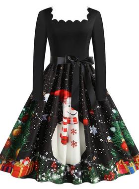 C6063烧花方领长袖黑拼圣诞雪人印花复古大摆连衣裙