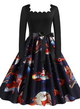 C6062烧花方领长袖黑拼圣诞雪人印花复古大摆连衣裙