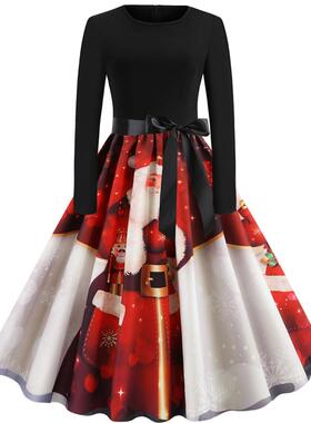 L9121 圣诞节跨境赫本复古女装秋冬季圆领长袖撞色印花大摆连衣裙