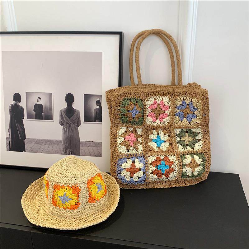 质感撞色花朵拼接草编包女新款单肩手提编织包清新甜美帽子