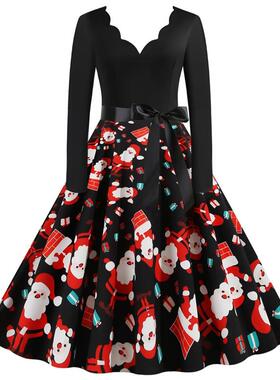 C5522 跨境女装圣诞节欧美风复古烧花V领长袖修身印花大摆连衣裙