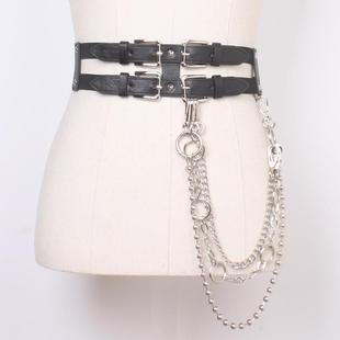松紧腰带女双排镂空朋克风链条百搭 配公主裙装饰宽腰封弹力新款