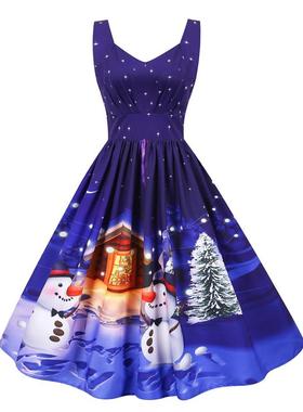 L9380跨境外贸圣诞节女装厂家货源性感背心印花赫本风复古大摆裙