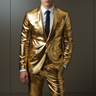 2026 men clothes跨境男装潮流烫金金色西装套装派对舞台夜店闪亮