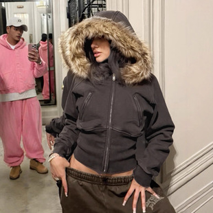 2026 women clothes秋冬新款欧美街头风毛毛拼接卫衣夹克外搭时尚