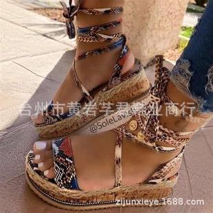 跨境爆款凉鞋女20新款欧美麻编交叉绑带凉鞋花色蛇纹大码外贸女鞋
