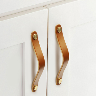 进口真牛皮黄铜拉手北欧榻榻米衣柜门抽屉头层皮拉手皮质把手防撞