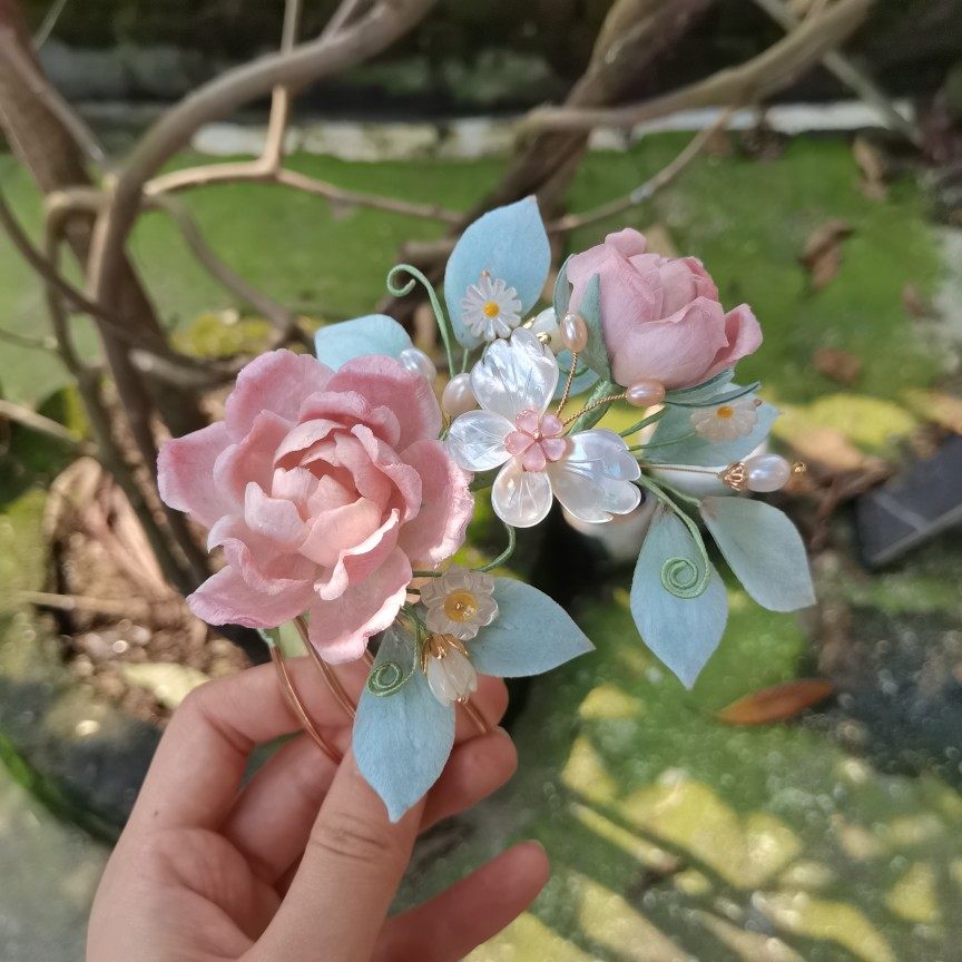 云中手作 绒花原创粉色玫瑰摆件