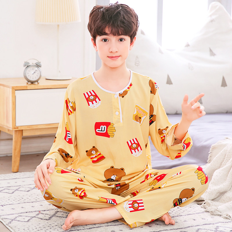 夏季青少年棉绸睡衣薄款绵绸家居服男童中学生人造棉男士大童套装