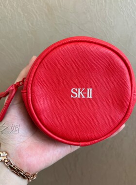 SK2红色圆形pu皮质化妆包收纳包耳机包口红零钱包