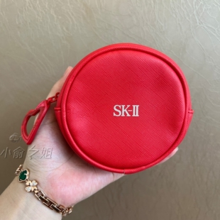 SK2红色圆形pu皮质化妆包收纳包耳机包口红零钱包