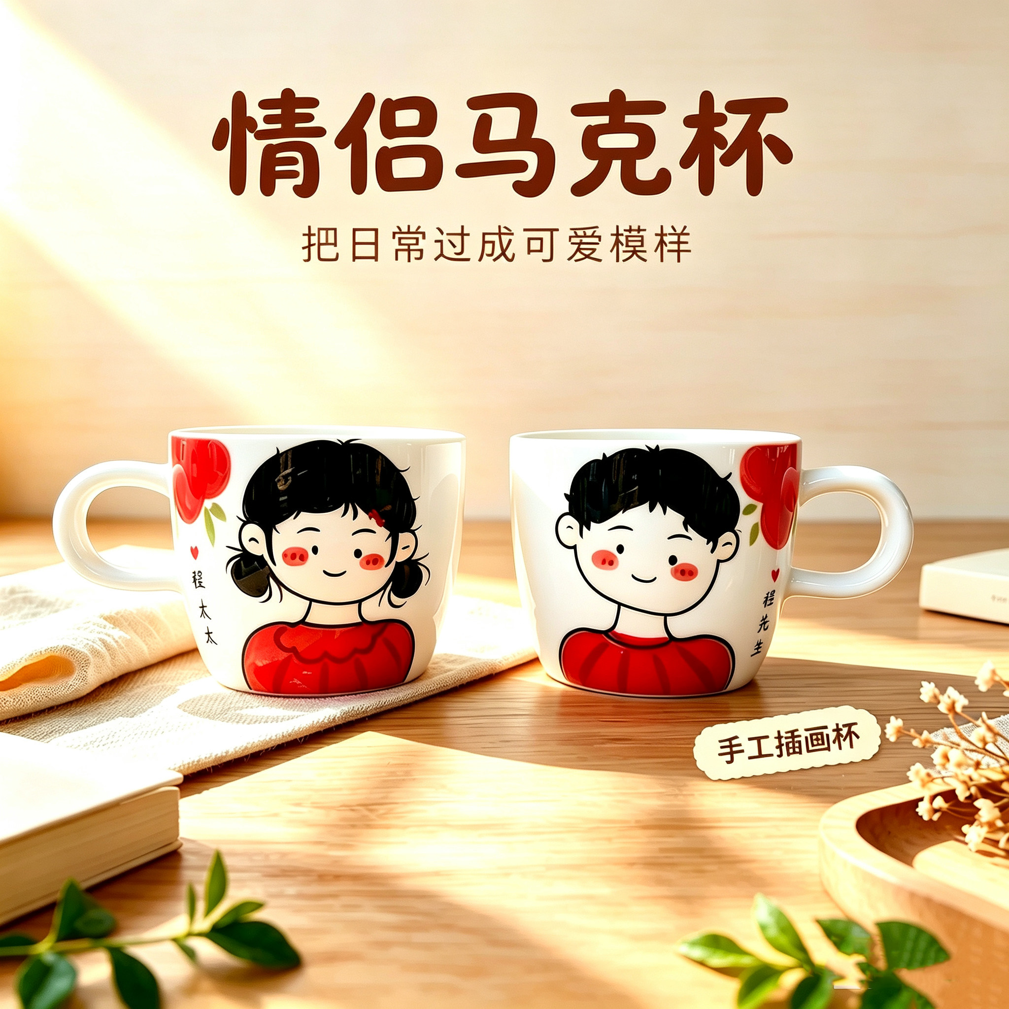情侣对杯手绘陶瓷马克杯新婚礼物