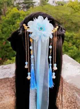 中国风飘带头饰古风汉服后压发饰古装流苏配饰超长超仙丝带发夹