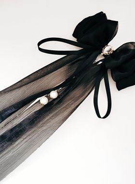 新款蝴蝶结飘带发夹超仙弹簧高级发卡公主后脑勺头饰流苏黑色纱质
